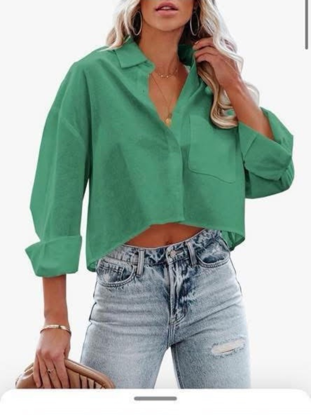 Cropped Button-Front Shirt - Green